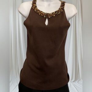 LOFT Brown Knit Stretch Body Con Tank Top with Round Beaded Neckline size Med.